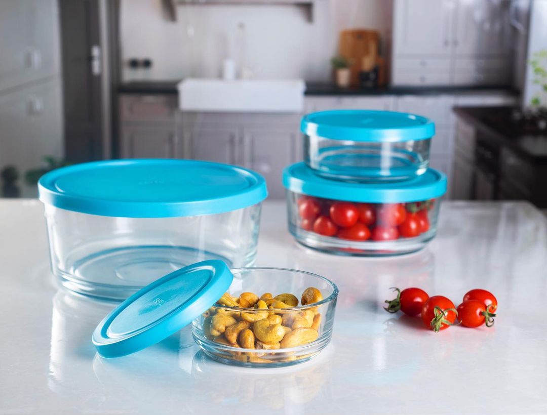 Set of 3 Blue Lid Glass Bowl Set Fresh Bowls Storage Bowl Set of 3 Transparent Glass With Blue Lid - Heaven of homes