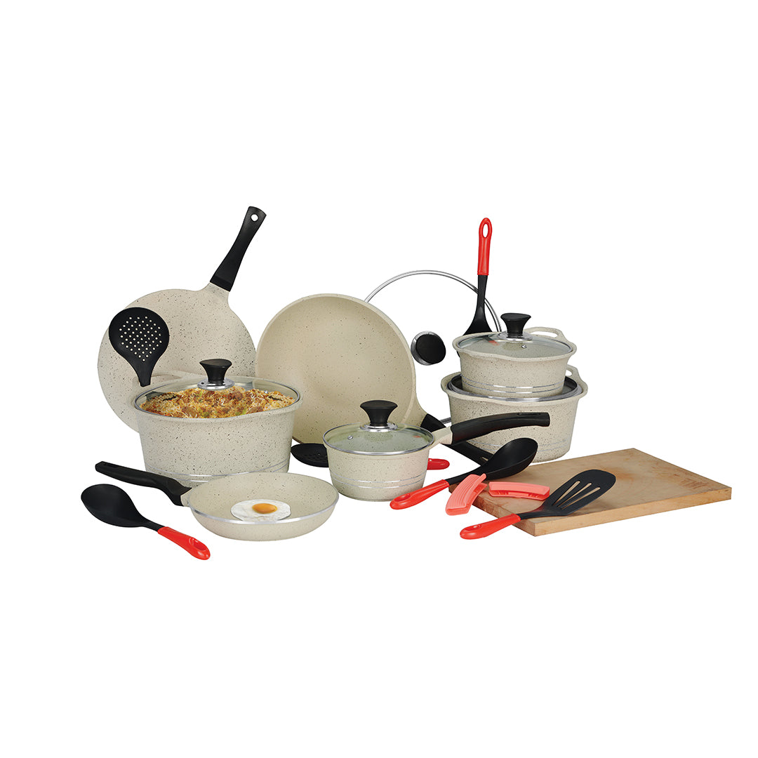 Sonex™ 20 Pieces Marble Coating Dual Layer Coating Non stick Gift Set with Glass Lids Eden Plus