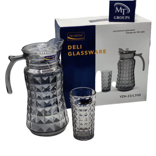 Delisoga® 7-Piece Water Set – Clear Transparent Glass with Smoke Grey Bubble Design, 1 Carafe and 6 Tumblers - Heaven of homes - Sale Pakistan