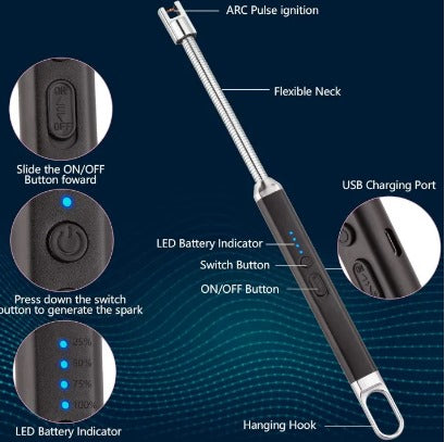 Rechargeable USB Arc Lighter – Windproof, Flameless, Flexible Neck - Heaven of homes - Sale Pakistan