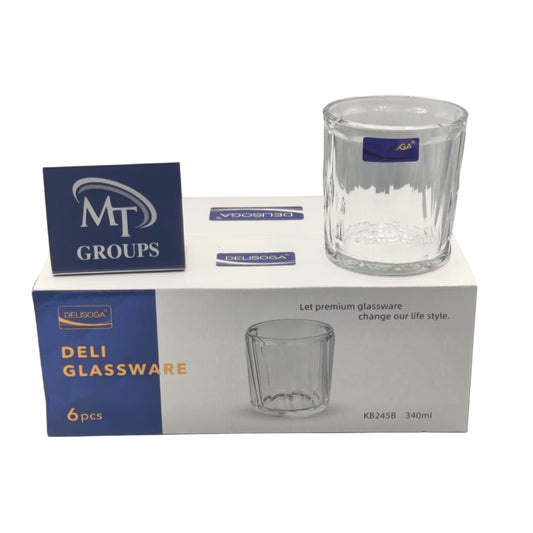 Delisoga® Set of 6 Clear Drinking Glasses – Transparent 340ml Tumblers for Water, Juice & Cold Beverages - KB245B