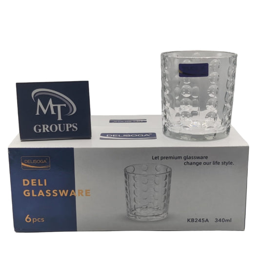 Delisoga® Set of 6 Bubble Design Clear Glass Tumblers – 340ml Transparent Drinking Glasses - KB245A
