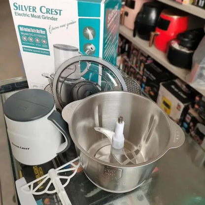 Silvercrest Electric Food Chopper 3 Litre Stainless Steel Bowl – Heavy Duty Meat Grinder & Vegetable Cutter, White Multi-Purpose Kitchen Chopper