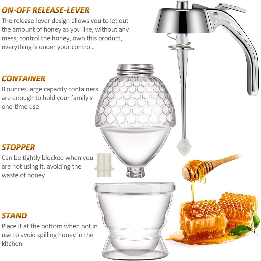 Honey Dispenser with Stand Honey Container, Syrup and Sugar Jar Pot, No Drip Honey Dispenser with Large Capacity - Heaven of homes