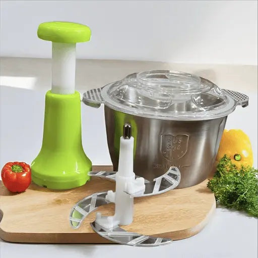 Heaven 2 Litre Manual Hand Push Chopper – Stainless Steel Bowl with 4 Blades for Vegetables & Meat