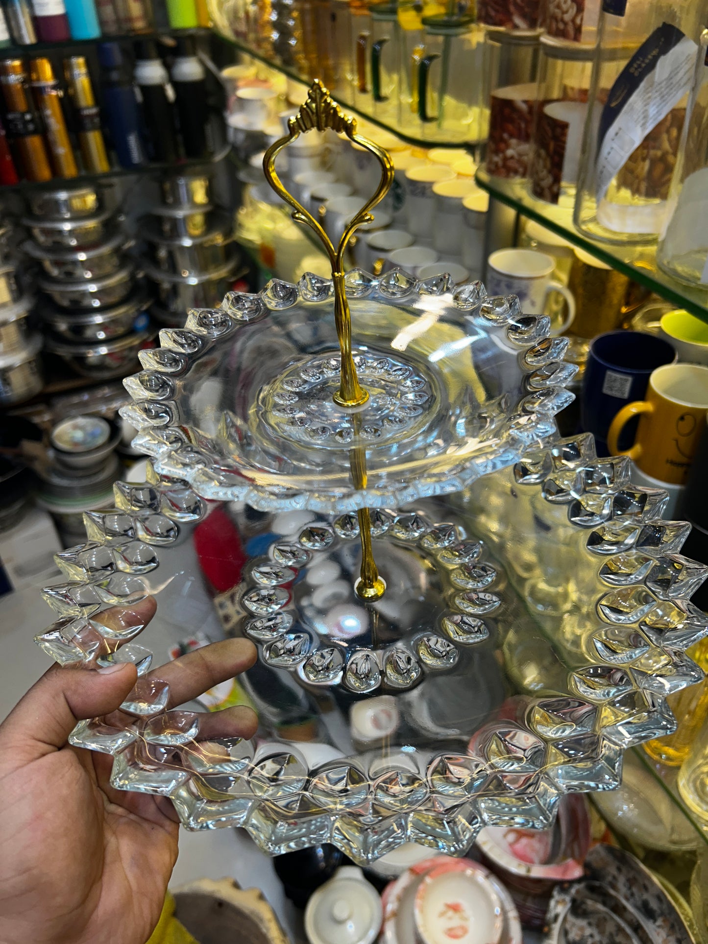 Heaven® Glass Crystal Pastry Stand With Metallic Rod 2 Tier Cake Stand Gift Item Glass Material Classy