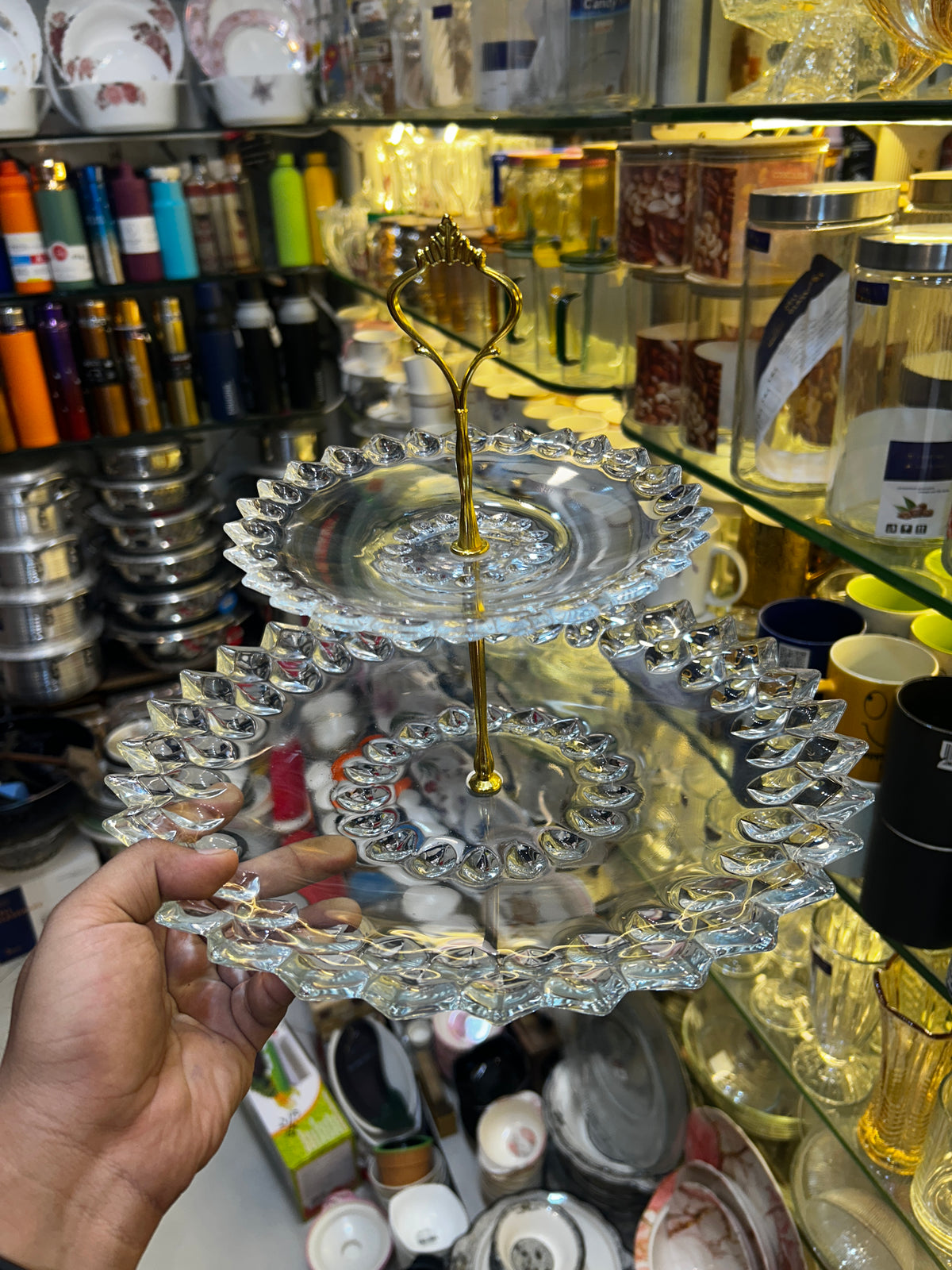 Heaven® Glass Crystal Pastry Stand With Metallic Rod 2 Tier Cake Stand Gift Item Glass Material Classy