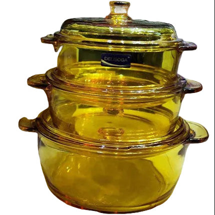Delisoga® 3-Piece Golden Round Tempered Glass Bakeware Bowl Set with Lids Food Storage Containers