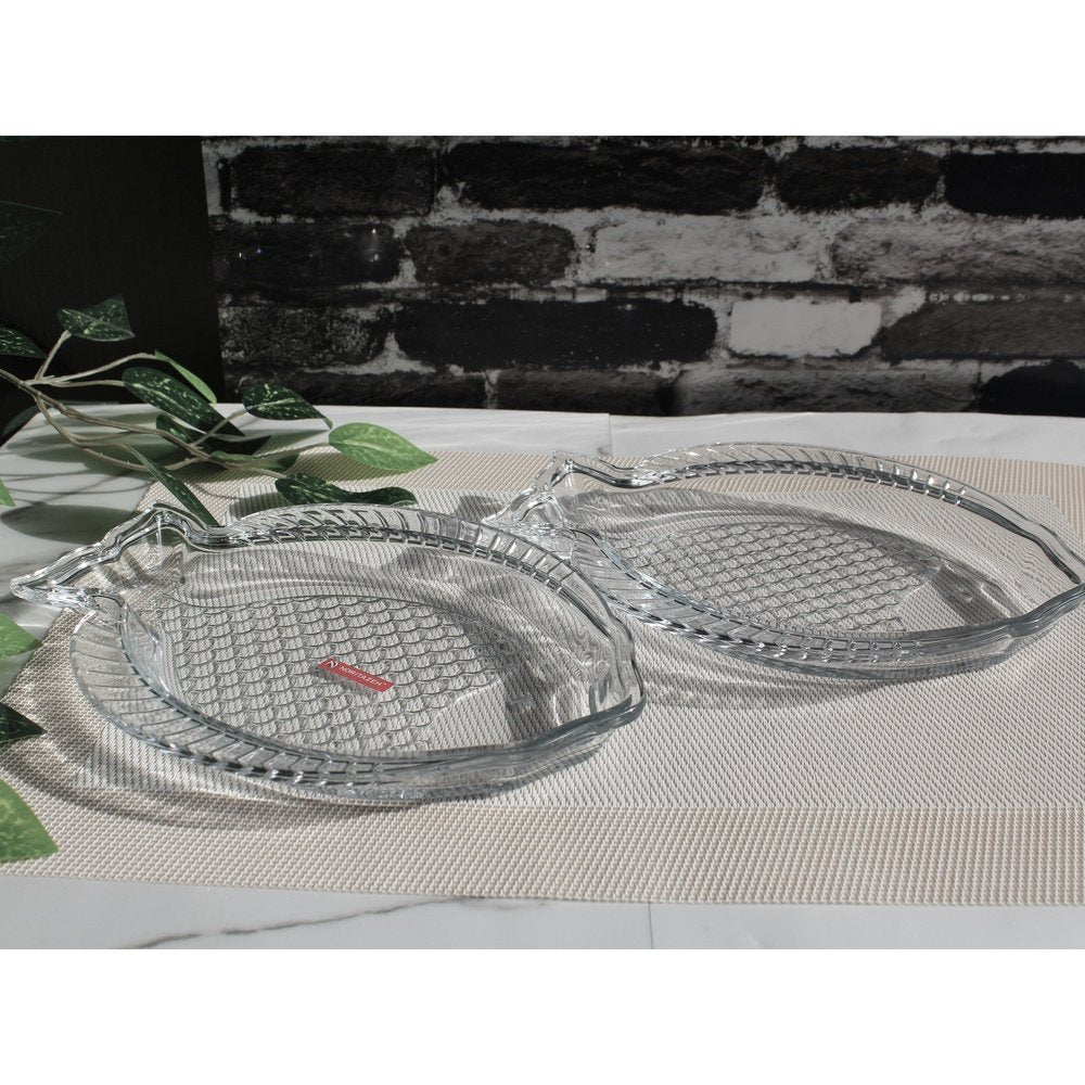 Set of 2 Oval Salad Dishes Transparent Glass Serving Trays Fish Style 10 Inches - Heaven of homes