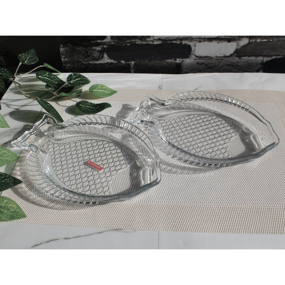 Set of 2 Oval Salad Dishes Transparent Glass Serving Trays Fish Style 10 Inches - Heaven of homes