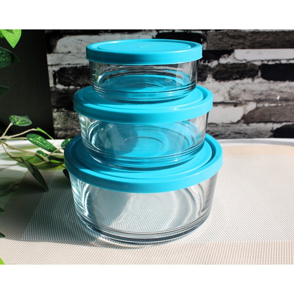 Set of 3 Blue Lid Glass Bowl Set Fresh Bowls Storage Bowl Set of 3 Transparent Glass With Blue Lid - Heaven of homes