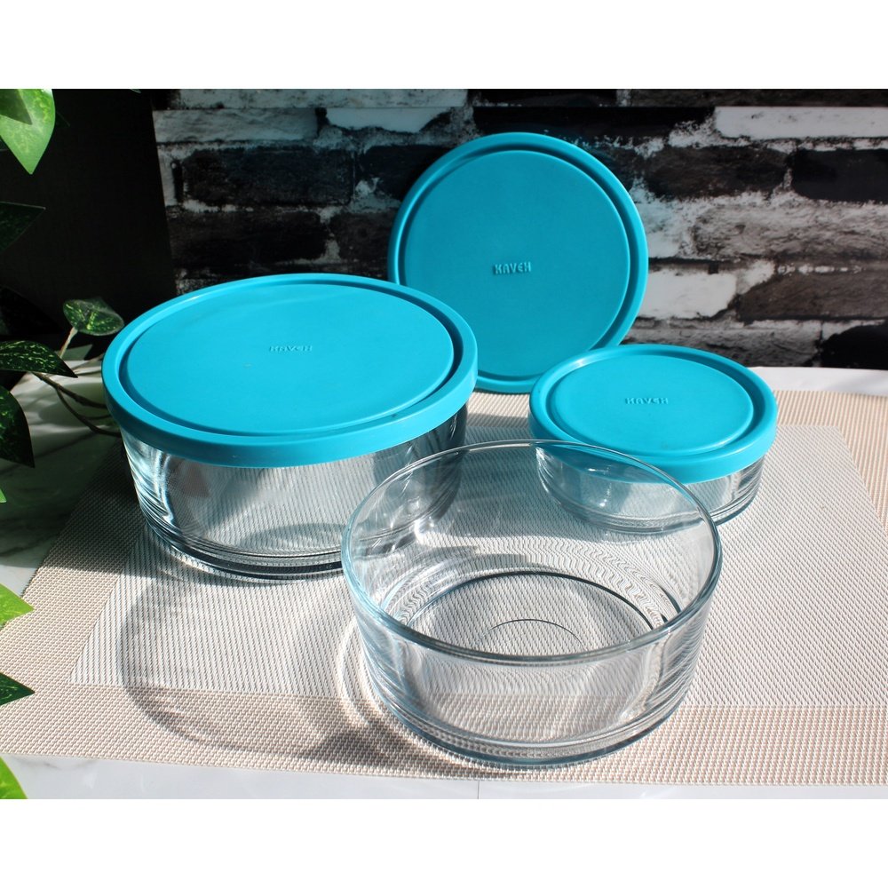 Set of 3 Blue Lid Glass Bowl Set Fresh Bowls Storage Bowl Set of 3 Transparent Glass With Blue Lid - Heaven of homes