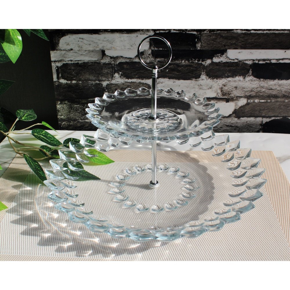 Imperial Glass Crystal Pastry Stand With Metallic Rod 2 Tier Cake Stand Gift Item Glass Material Classy - Heaven of homes