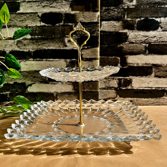 Heaven® 2-Tier Glass Pastry Stand with Metallic Rod | Elegant Cake & Dessert Display Stand Square