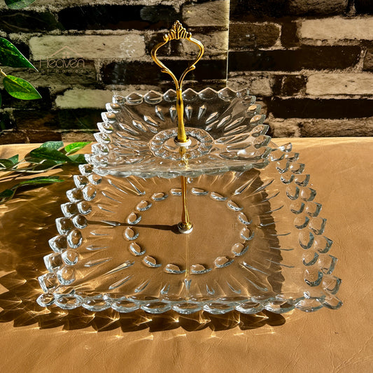 Heaven® 2-Tier Glass Pastry Stand with Metallic Rod | Elegant Cake & Dessert Display Stand Square