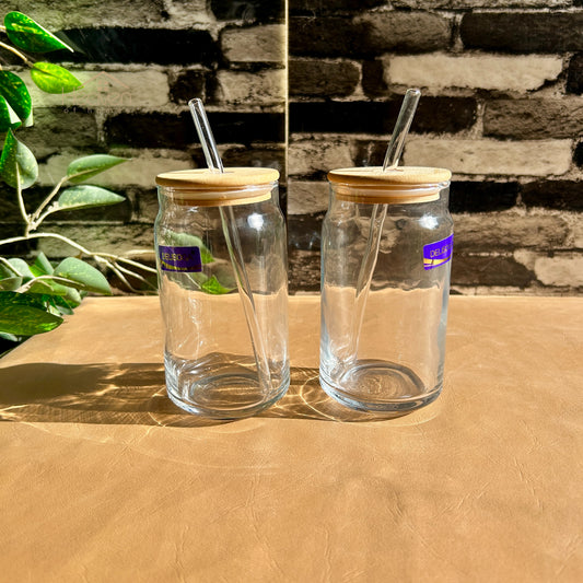 Delisoga® Set of 2 Transparent Glass Coffee Cup with Straw & Bamboo Lid 520 ML