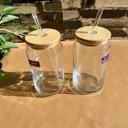 Delisoga® Set of 2 Transparent Glass Coffee Cup with Straw & Bamboo Lid 520 ML