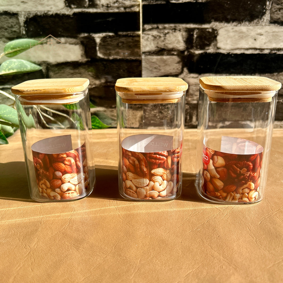 Heaven® Set of 3-Piece Small Glass Jar Set with Bamboo Lids | Premium Glass Storage Containers Square