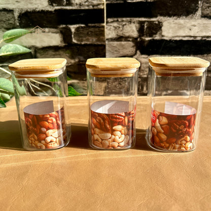 Heaven® Set of 3-Piece Small Glass Jar Set with Bamboo Lids | Premium Glass Storage Containers Square