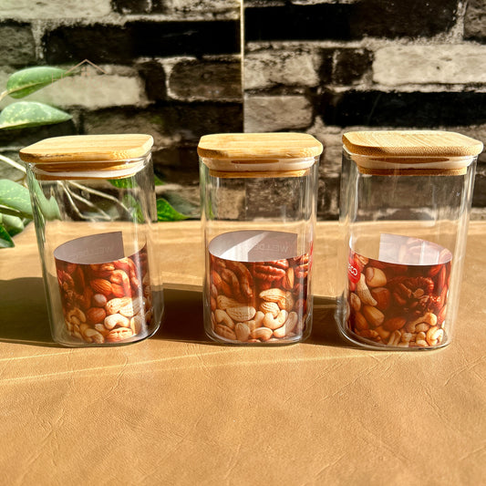 Heaven® Set of 3-Piece Small 280 ML Glass Jar Set with Bamboo Lids | Premium Glass Storage Containers Square