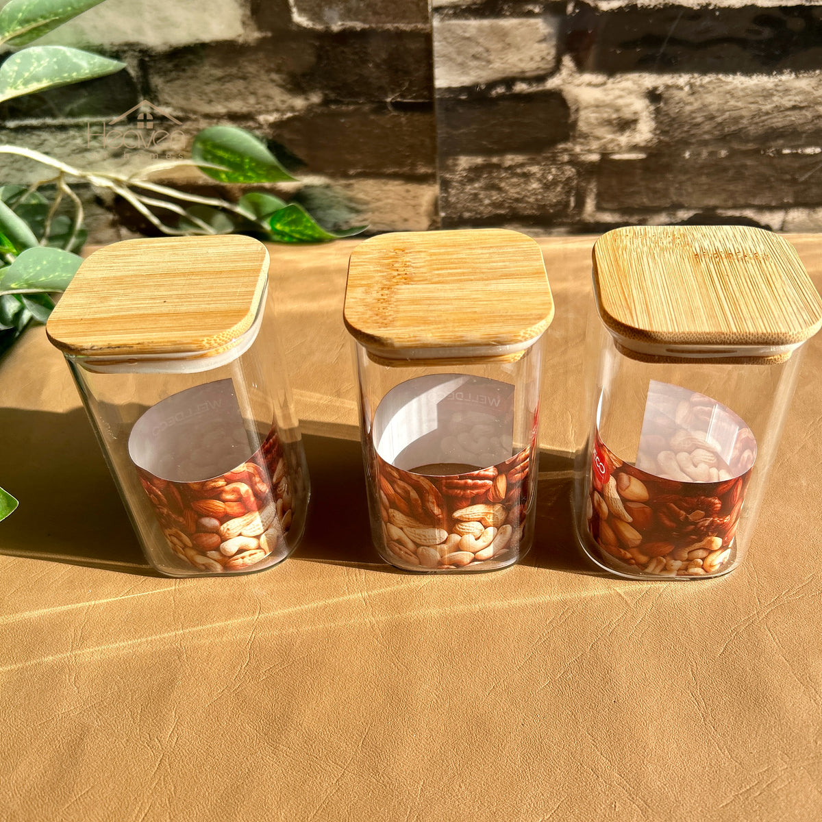 Heaven® Set of 3-Piece Small Glass Jar Set with Bamboo Lids | Premium Glass Storage Containers Square