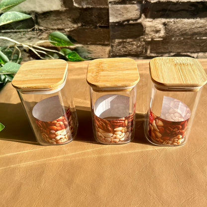 Heaven® Set of 3-Piece Small Glass Jar Set with Bamboo Lids | Premium Glass Storage Containers Square