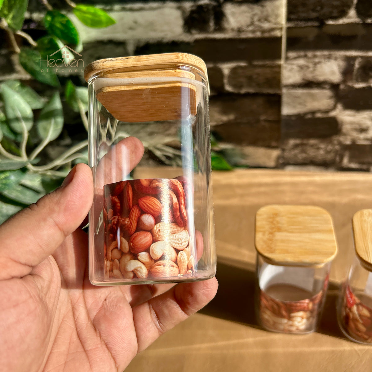 Heaven® Set of 3-Piece Small Glass Jar Set with Bamboo Lids | Premium Glass Storage Containers Square