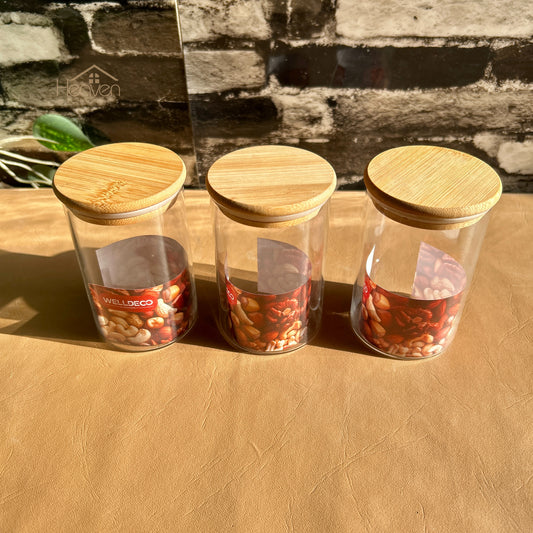 Heaven® Set of 3-Piece Small Glass Jar Set with Bamboo Lids | Premium Glass Storage Containers Round