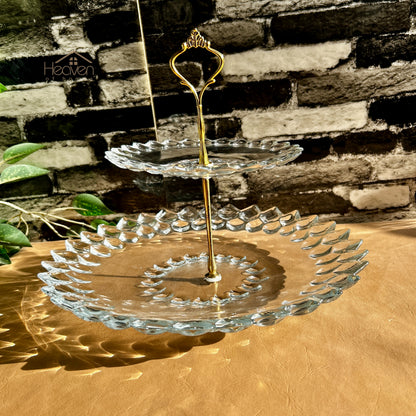 Heaven® 2-Tier Glass Pastry Stand with Metallic Rod | Elegant Cake & Dessert Display Stand Round