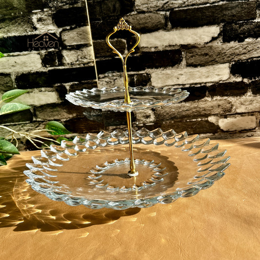 Heaven® 2-Tier Glass Pastry Stand with Metallic Rod | Elegant Cake & Dessert Display Stand Round