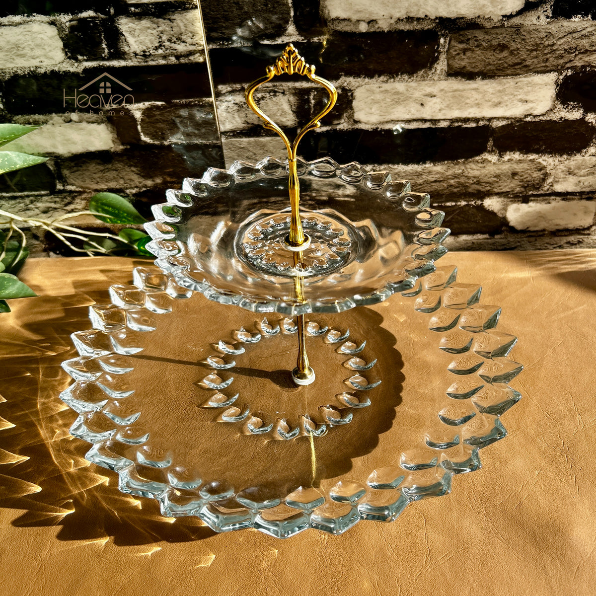 Heaven® 2-Tier Glass Pastry Stand with Metallic Rod | Elegant Cake & Dessert Display Stand Round