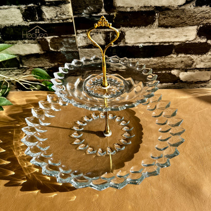 Heaven® 2-Tier Glass Pastry Stand with Metallic Rod | Elegant Cake & Dessert Display Stand Round