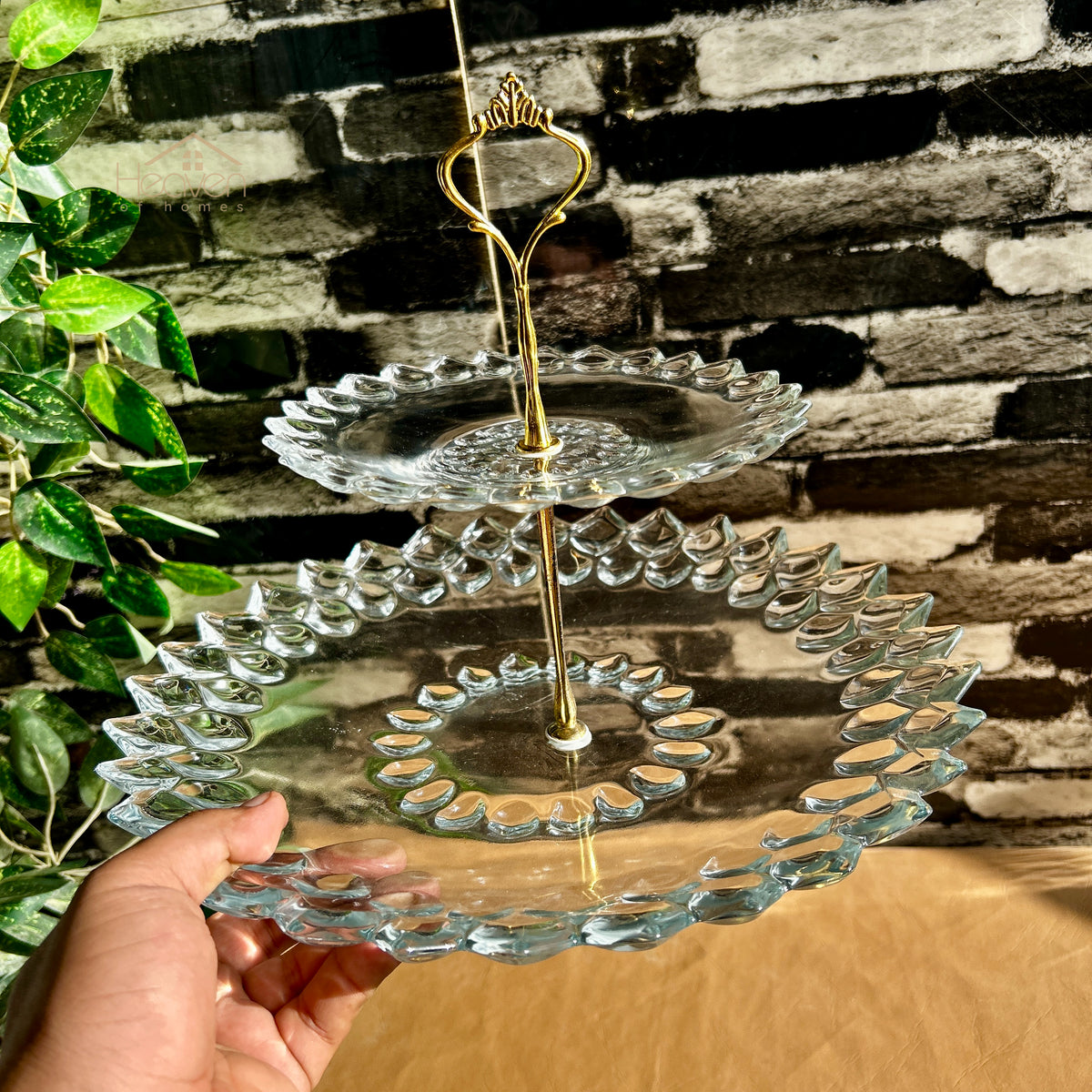 Heaven® 2-Tier Glass Pastry Stand with Metallic Rod | Elegant Cake & Dessert Display Stand Round