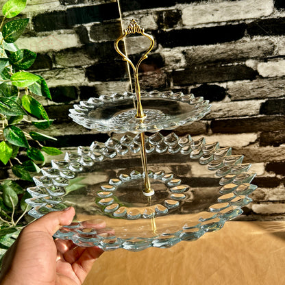 Heaven® 2-Tier Glass Pastry Stand with Metallic Rod | Elegant Cake & Dessert Display Stand Round