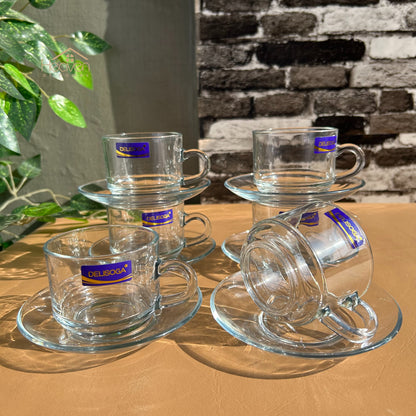 Delisoga® Set of 6 Clear Glass Cup & Saucer Set - Elegant Transparent Design