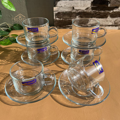 Delisoga® Set of 6 Clear Glass Cup & Saucer Set - Elegant Transparent Design