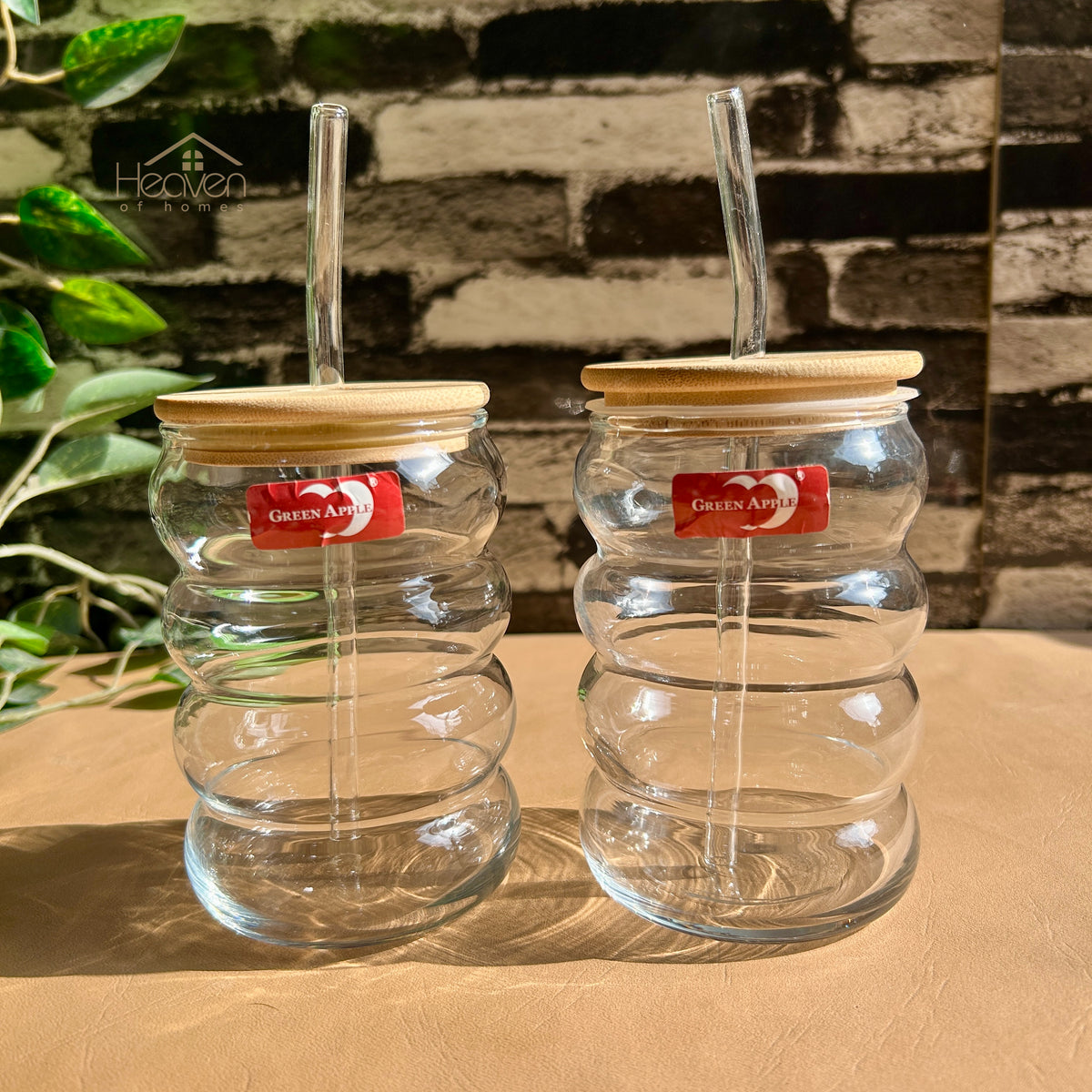 Deli® Set of 2 Transparent Glass Coffee Cup with Straw & Bamboo Lid 470 ML J3541