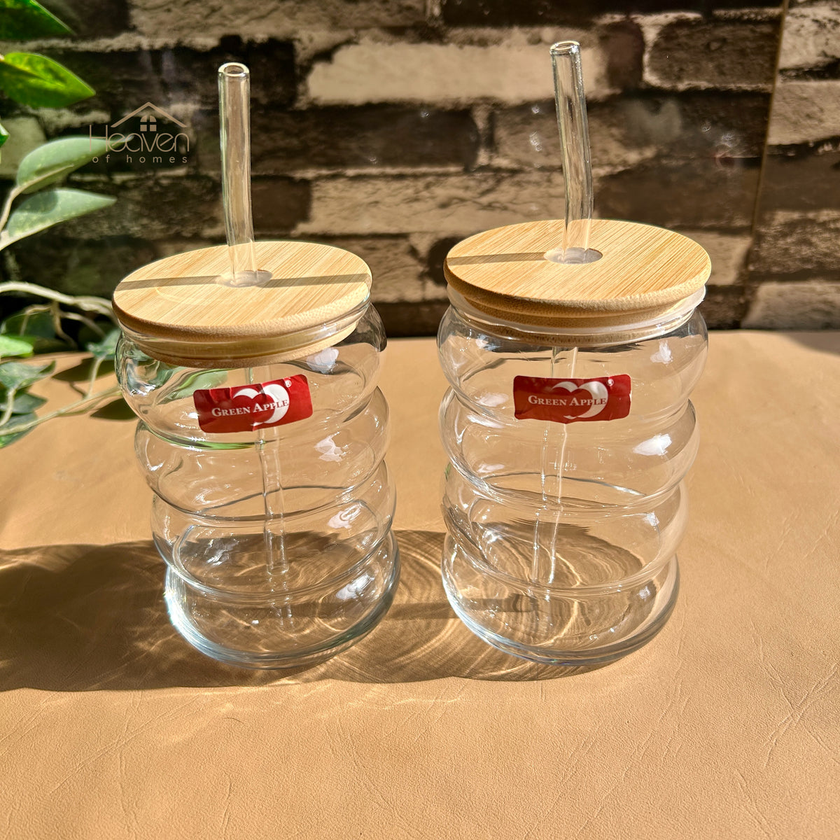 Deli® Set of 2 Transparent Glass Coffee Cup with Straw & Bamboo Lid 470 ML J3541