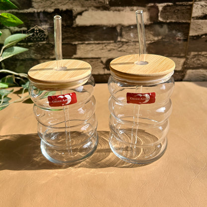 Deli® Set of 2 Transparent Glass Coffee Cup with Straw & Bamboo Lid 470 ML J3541