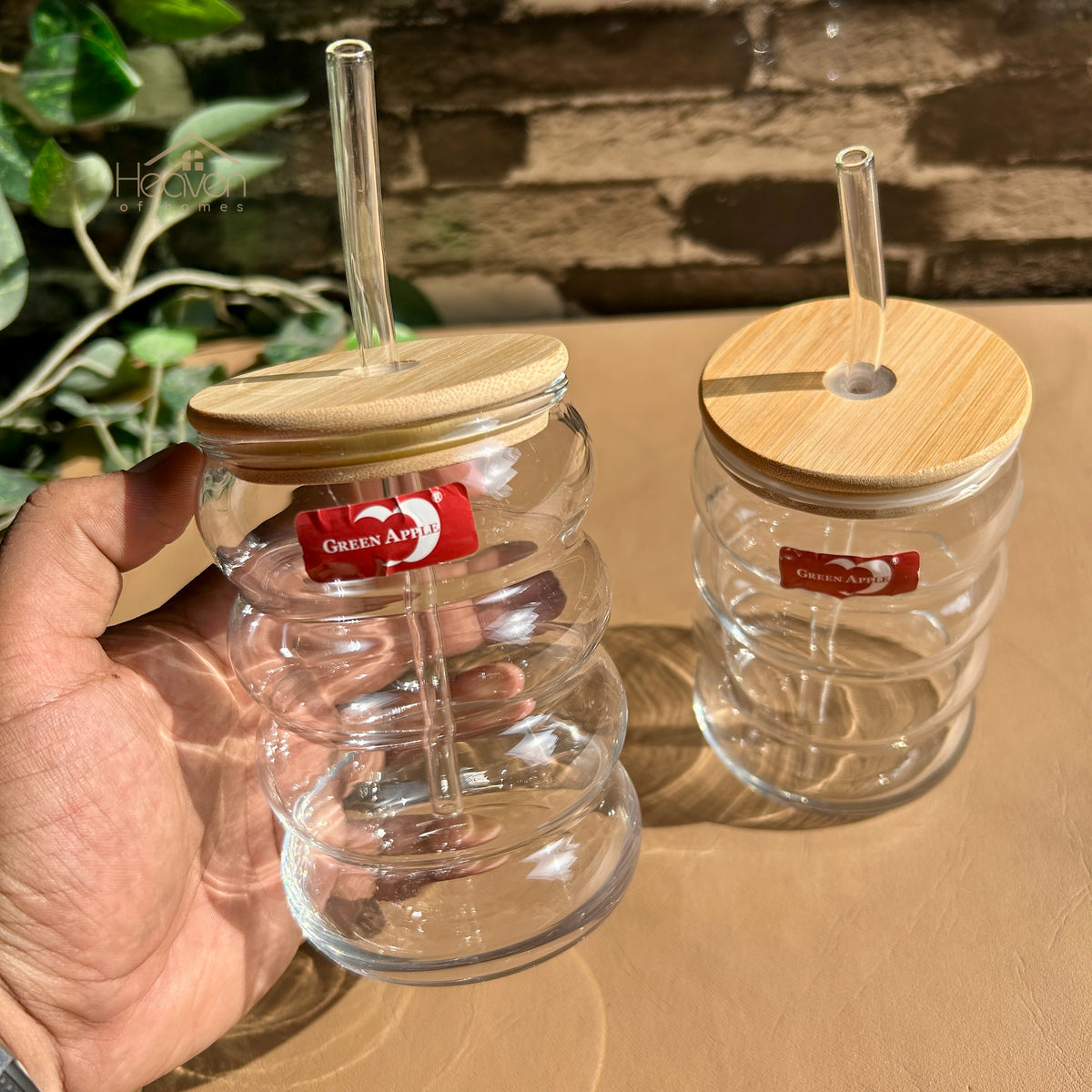Deli® Set of 2 Transparent Glass Coffee Cup with Straw & Bamboo Lid 470 ML J3541
