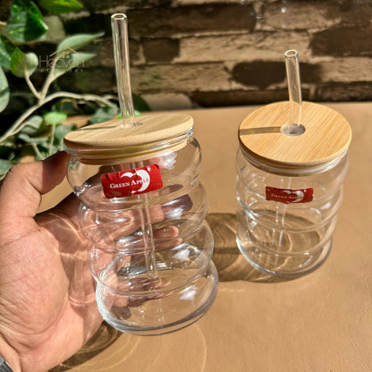 Deli® Set of 2 Transparent Glass Coffee Cup with Straw & Bamboo Lid 470 ML J3541