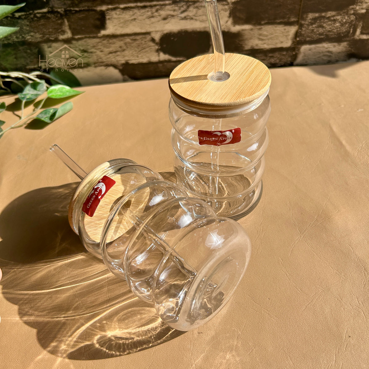 Deli® Set of 2 Transparent Glass Coffee Cup with Straw & Bamboo Lid 470 ML J3541