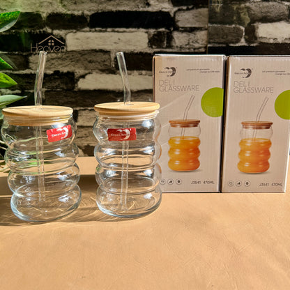 Deli® Set of 2 Transparent Glass Coffee Cup with Straw & Bamboo Lid 470 ML J3541