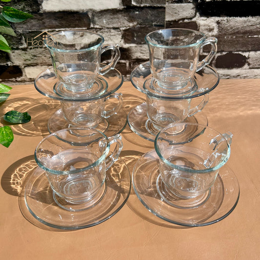 Delisoga® Set of 6 Clear Glass Tea & Coffee Cups with Saucers – Elegant Transparent Glassware CF023