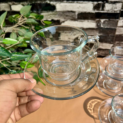 Delisoga® Set of 6 Clear Glass Tea & Coffee Cups with Saucers – Elegant Transparent Glassware CF023
