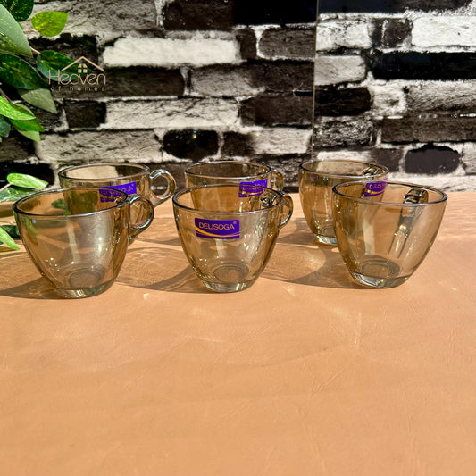 Delisoga® Set of 6 Brown Transparent Tea & Coffee Mugs – 210ml Clear Glassware