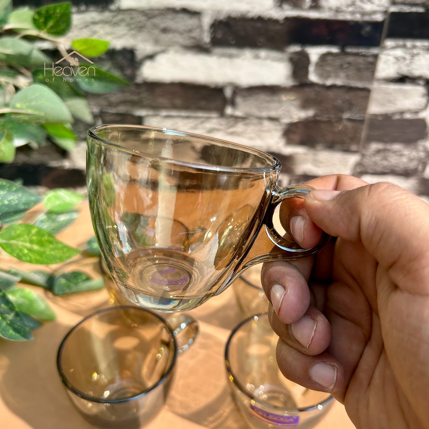 Delisoga® Set of 6 Brown Transparent Tea & Coffee Mugs – 210ml Clear Glassware