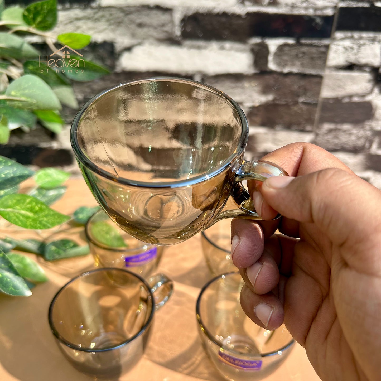 Delisoga® Set of 6 Brown Transparent Tea & Coffee Mugs – 210ml Clear Glassware
