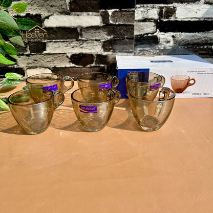 Delisoga® Set of 6 Brown Transparent Tea & Coffee Mugs – 210ml Clear Glassware