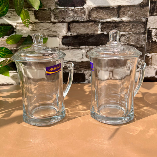 Delisoga® Set of 2 Transparent Coffee Mug with Glass Lid - Premium Glassware Long